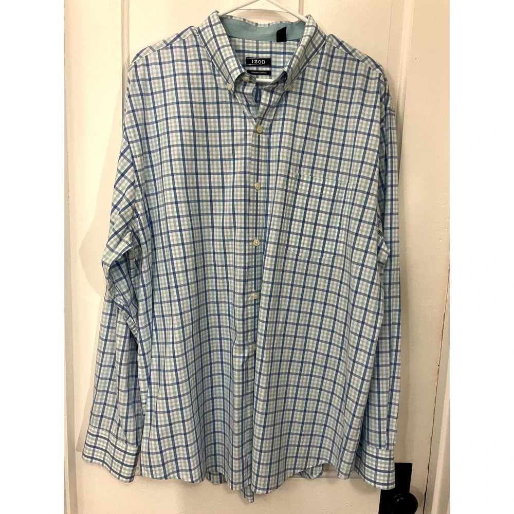 IZOD Premium Essentials Button Down‎ Shirt Men's XL Light Blue Plaid Preppy